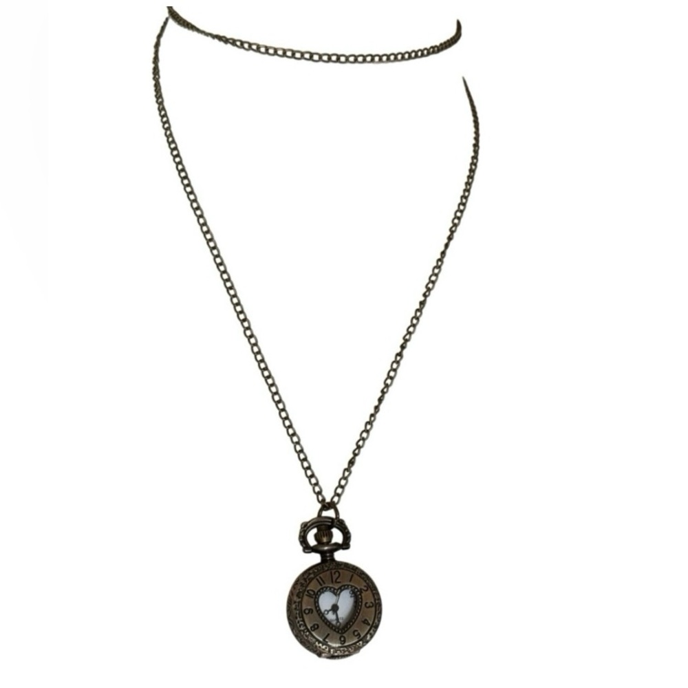 Alice In Wonderland like Stop Watch Heart Pendant Silver Toned Necklace